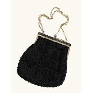 Mister Ernest Vintage Black Beaded Floral Rose Evening Bag Gold Frame Kiss Lock